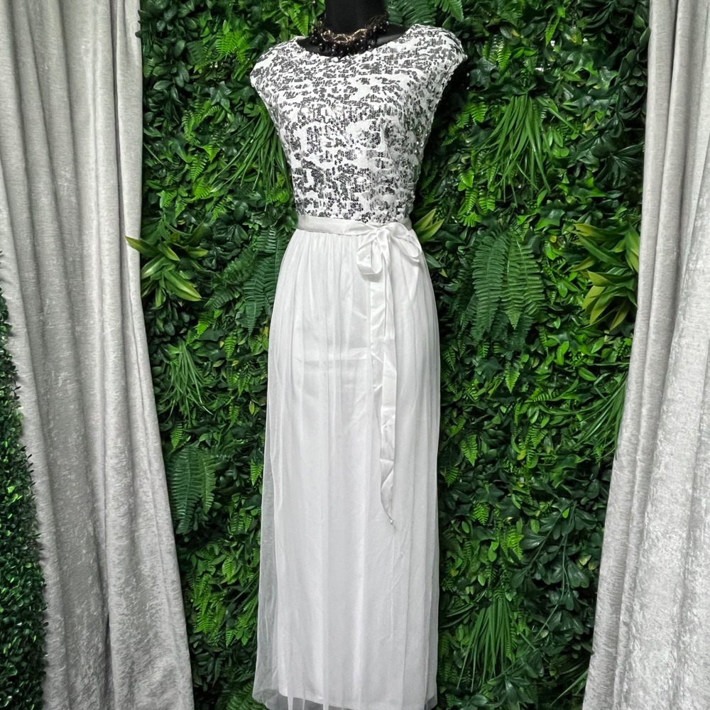 Candalite Dress Medium White Silver Sequin Cap Sleeve Maxi Ribbon Waist 3861